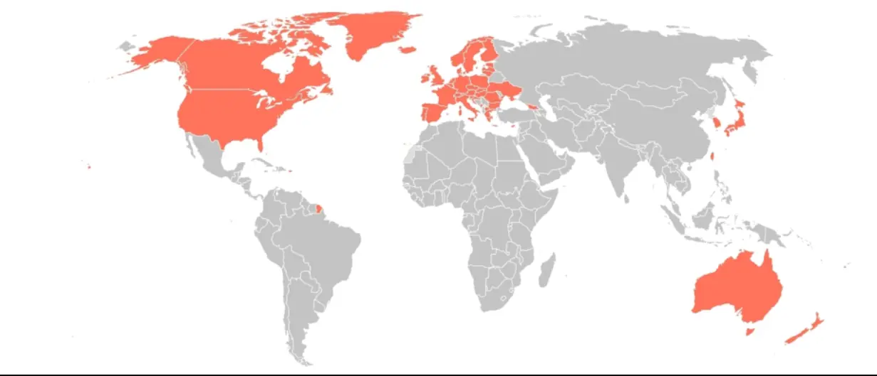 Мапа земаља које су увеле санкције Русији 