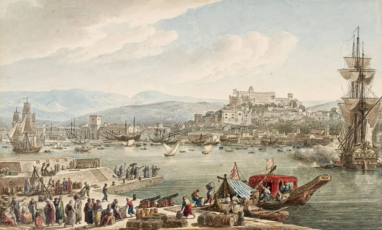 Трст 1802.Louis Francois Cassas (1756–1827), The town and harbour of Trieste seen from the New Mole 1802, watercolour, Victoria & Albert Museum
